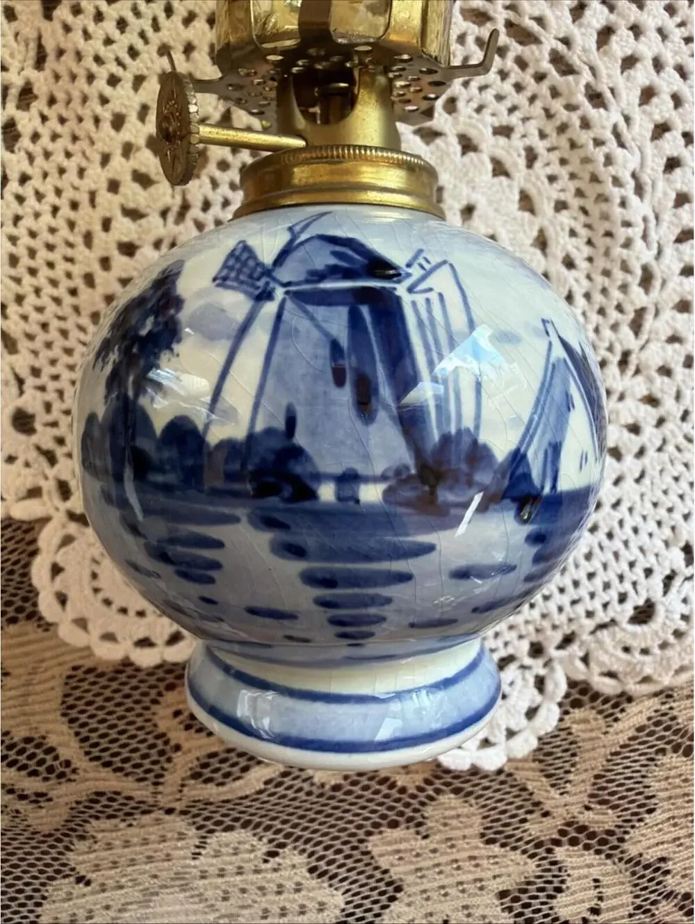 Vintage Mini Oil Lamp Delft Blue Windmill Amber Glass Chimney Holland 9” Dutch